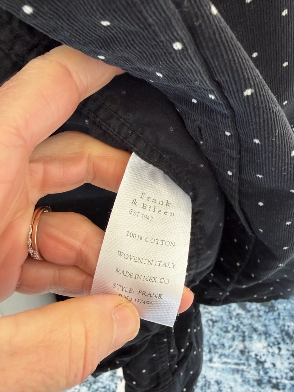 Frank & Eileen Frank Corduroy Button Up Black Polka Dot Shirt, Small - Picture 3 of 8